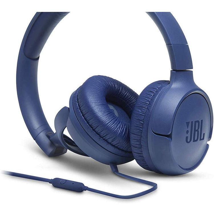 JBL TUNE 500 Wired On-Ear Headphones with Built-in Microphone, Pure Bass Sound, Lightweight and Foldable Design, 1-Button Remote/Mic - Blue
