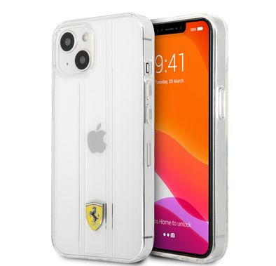 CG MOBILE Ferrari PC/TPU Transparent Hard Case with 3D Line Contrasted Red Line Compatible for iPhone 13 Mini (5.4") Anti-Scratch, Easy Access to All Ports