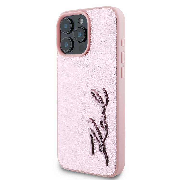 Karl Lagerfeld Wrinkled Design PU Hard Case with Metal Signature Logo for iPhone 16 Pro Max, Slim Profile, Comfortable Grip, Drop Protection, Lightweight, Sustainable Packing - Pink 