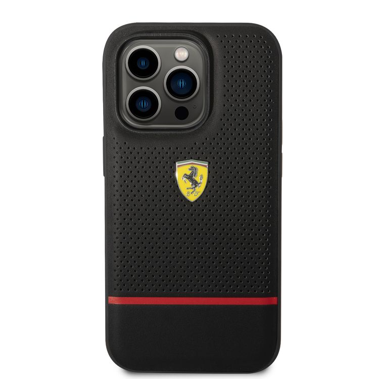 Ferrari Genuine Leather Case Perforated and Bottom Contrasted Line iPhone 14 Pro - Black