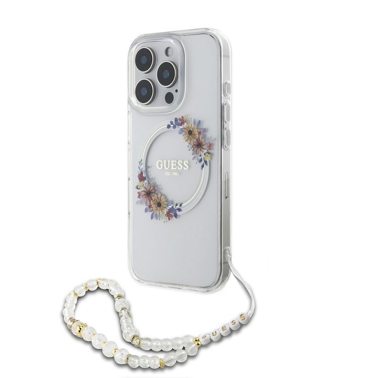 Guess Magsafe IML Hard Case for iPhone 16 Pro with Flower Wreath Design & Pearl Strap, Lightweight, Comfortable Grip, Drop Protection -Clear