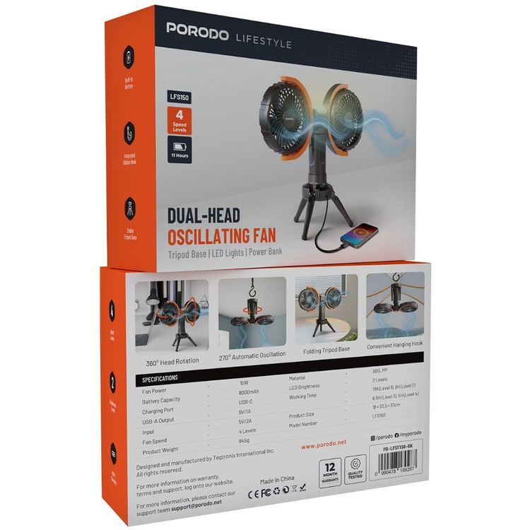 Porodo Lifestyle Dual-Head Oscillating Fan with LED Light, Power Bank, ABS & PP Material, 8000mAh Battery Capacity, Stable Tripod Base, Type-C Charging Port, 4 Levels Fan Speed, Hidden Hook - Black