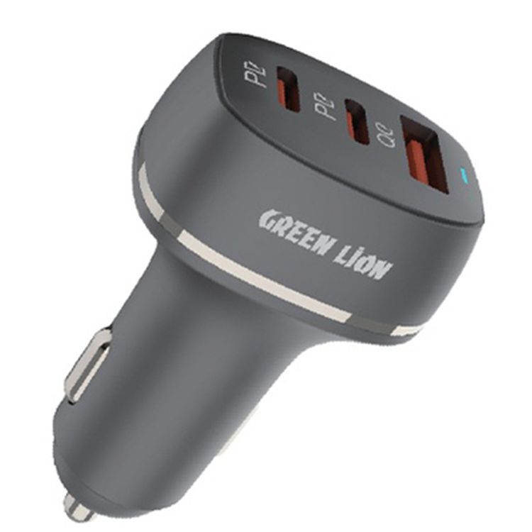 Green Lion Car Charger with 1m Type-C to Lightning Cable, Overheat Protection, Fast Charging, 2 PD Ports, QC 3.0 Port, Compact & Lightweight Design - Black 