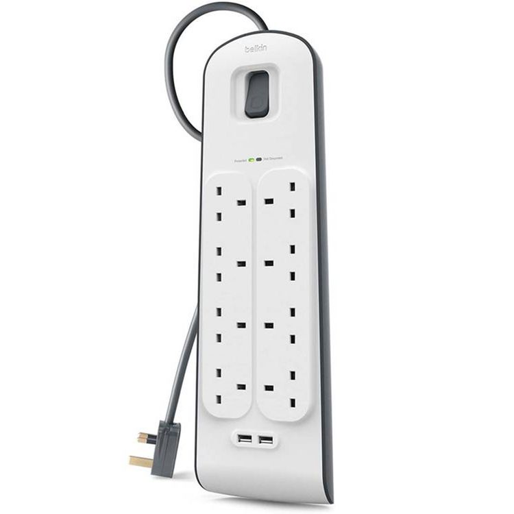 واقي التيار الكهربائي Belkin، 2 منفذ USB-C، طول الكابل 2 متر، مادة بلاستيكية ومعدنية، 8 منافذ طاقة، قابس طاقة من النوع G - أبيض