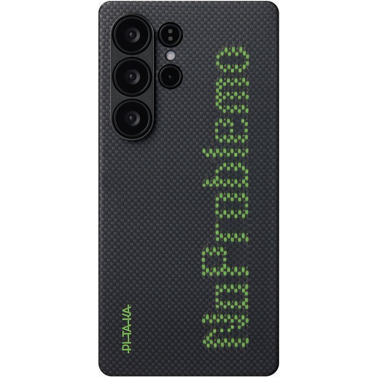 Pitaka Aries Tactile Woven Case for Samsung Galaxy S25 Ultra, Glow In The Dark, Aramid fiber & Lumintex™ Technology, Featherweight & Slim -Black/Gray with Text No Problemo