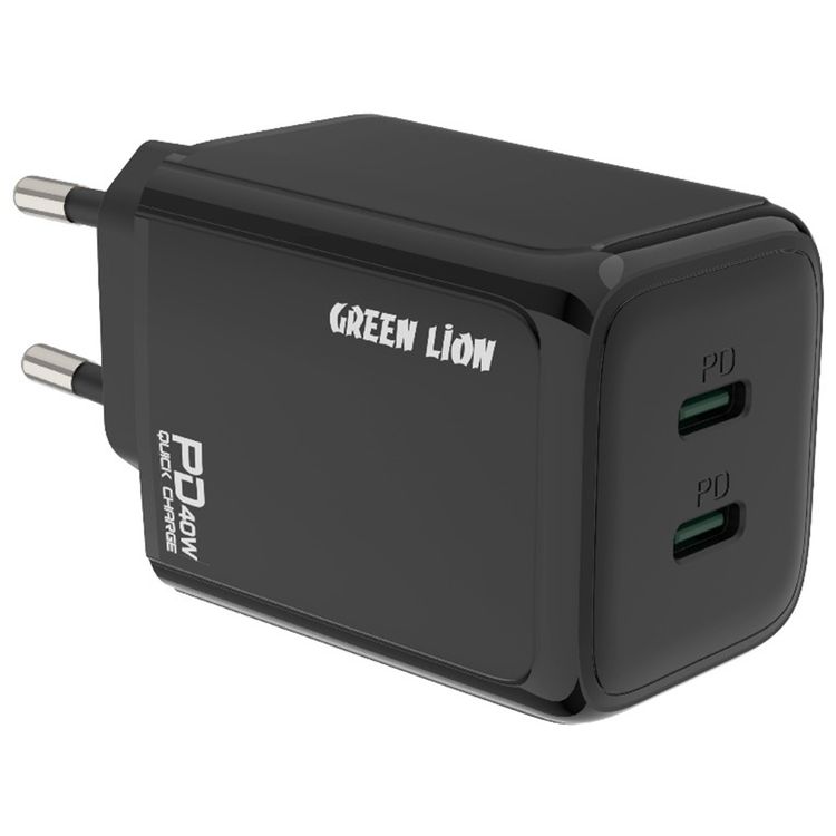 Green Lion Dual PD Wall Charger with USB-C to Lightning Cable, 1m Cable Length, Dual Type-C Ports, EU Power Plug, Charging Protection, Flame Retardant PC, Fast Charging, Universal Compatibility - Black