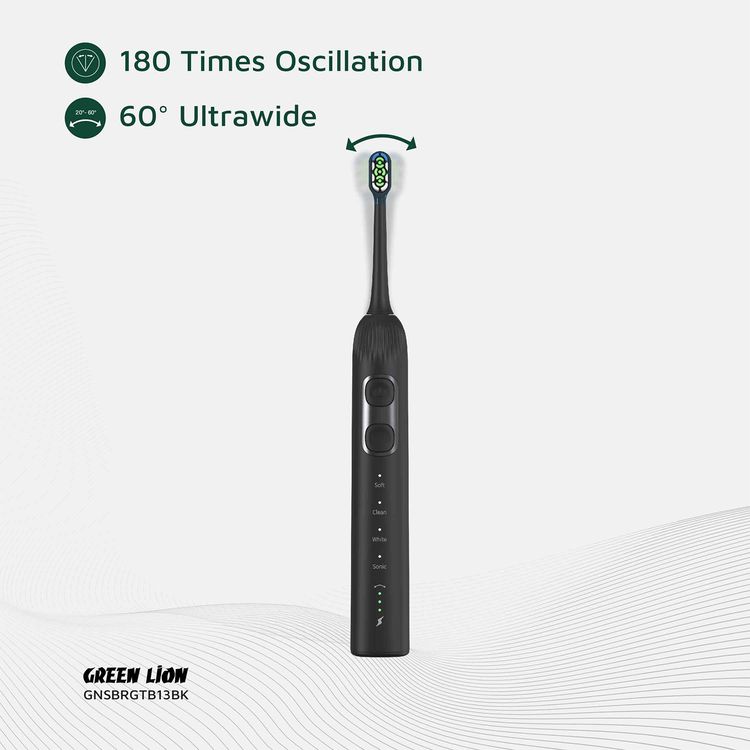 Green Lion Smart Brush 60° Ultrawide with Multifunctional Servo Motor, 2 Minutes Smart Timing, Up to 80 Uses Possible Per Each Charge, Soft Silicone Support, Travel Case Included, 60° Rotation, 30 Seconds Vibration Reminder - Black