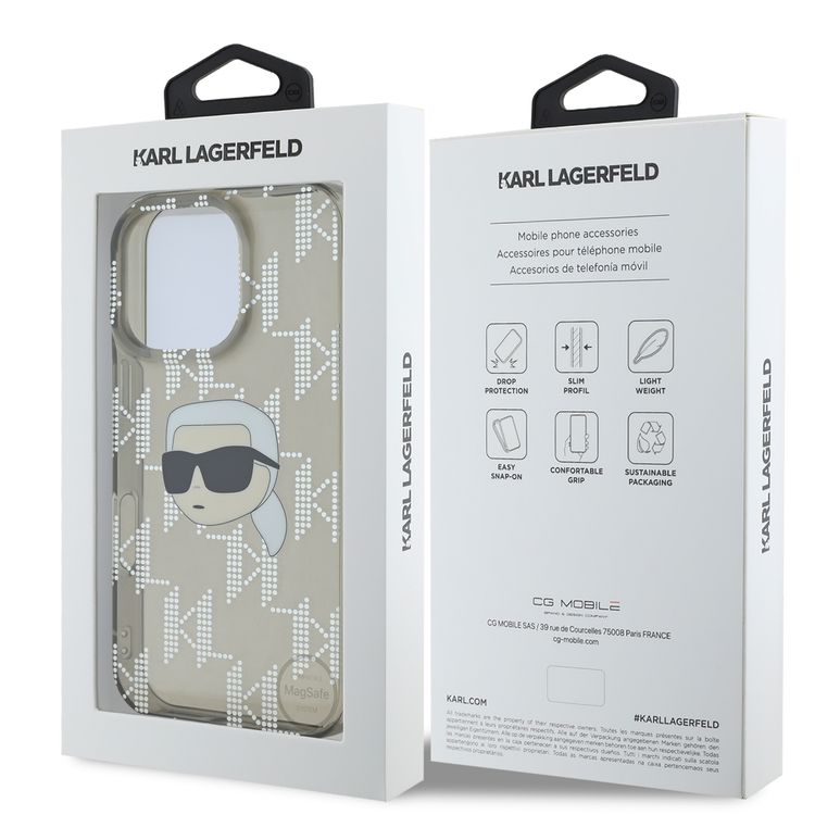 جراب Karl Lagerfeld IML الصلب مع تصميم Karl Head &amp; Monogram مطلي بالكهرباء لهاتف iPhone 16 Pro - أسود