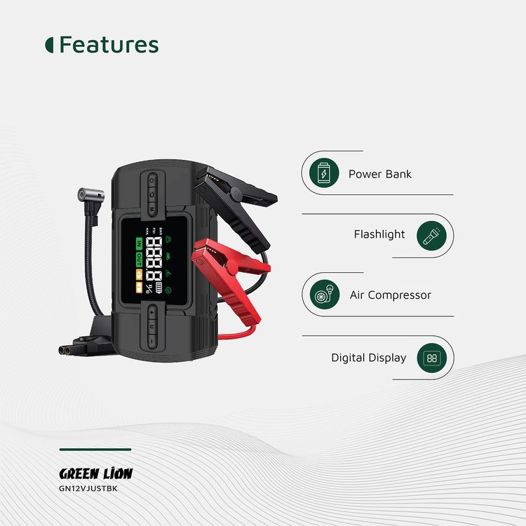 Green Lion 12V Jump Starter with 12000mAh Battery Capacity, 4 Modes Inflation, Safety Protection, Wide Compatibility, Digital Display, 2 USB-A Ports, 44.4W Power  - Black