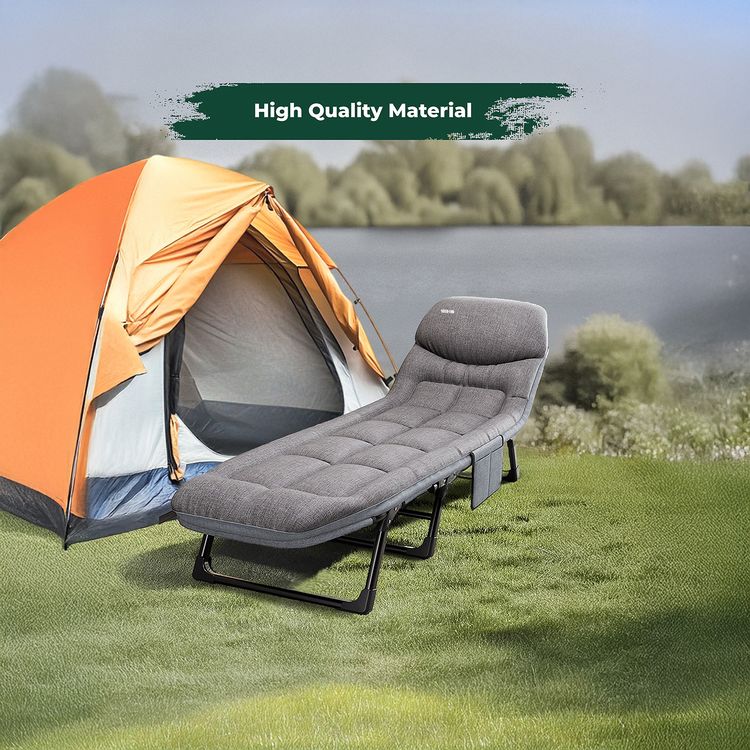 Green Lion Foldable Camping Bed, Up to 150kg Load Capacity, 6 Adjustable Backrest, Anti-Slip Feet, Comfortable Pillow, Easy Installation & Easy to Carry, Thickened Steel Frame - Gray