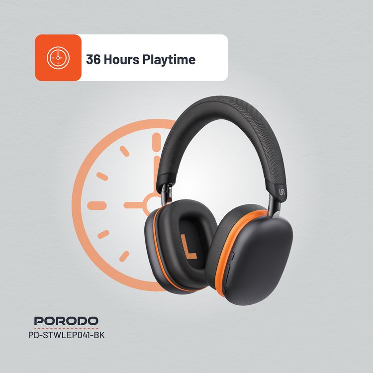 Porodo Soundtec Vibe Wireless Headphones with 36 Hours Play Time, Bluetooth Version 5.3, 2.5 Hours Charging Time, Type-C Charging Port - Black