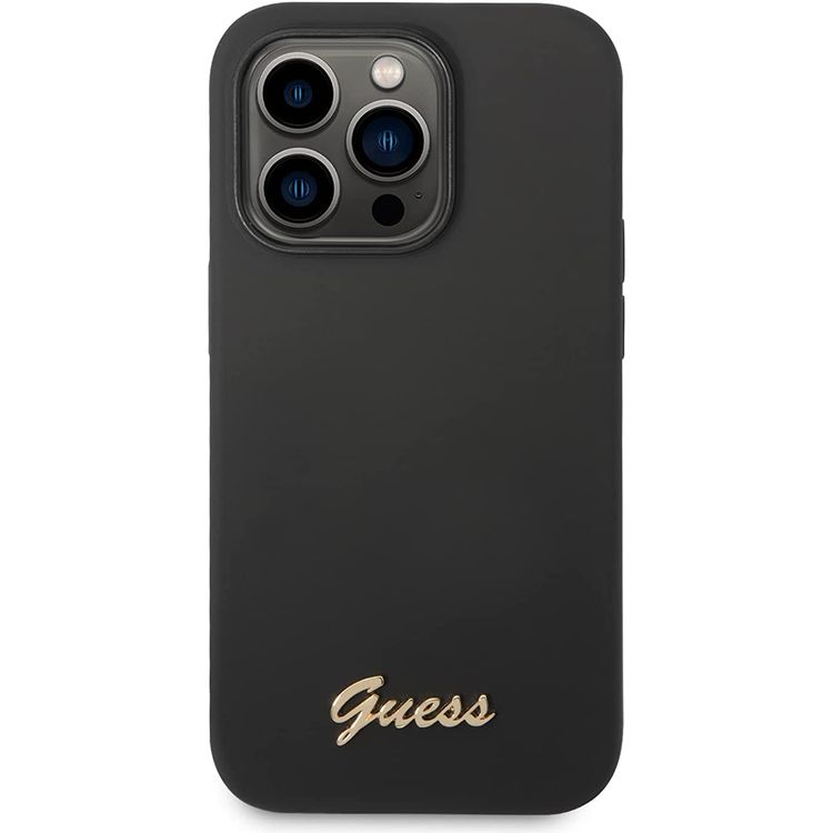 Guess Liquid Silicone Case With PC Camera Outline & Script Metal Logo - iPhone 14 Pro Max - Black