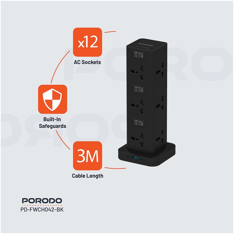 Porodo Three-Story Power Hub with USB-C PD & Quick Charge 3.0, Built-in Safeguards, 3m Cable Length, 12 AC Sockets, PC Material - Black