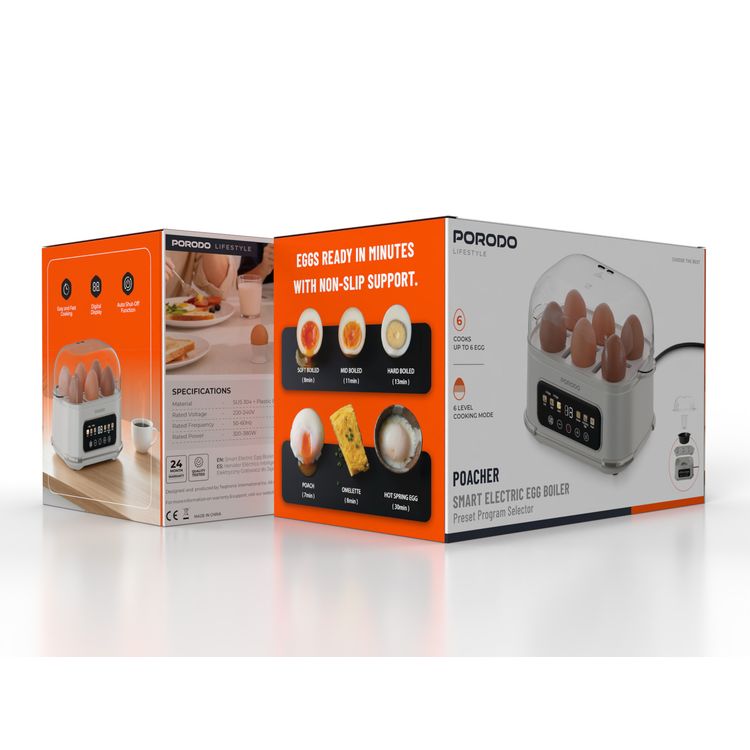 Porodo Poacher Smart Electric Egg Boiler with Digital Display, 6 Levels Cooking Mode, Up to 6 Eggs Cooking, Easy and Fast Cooking, Auto Shut-Off Function, Preset Program Selector, UK 3-Pin Plug,  0.7m Cord Length, 100mL Water Capacity, Non-Slip Support - White