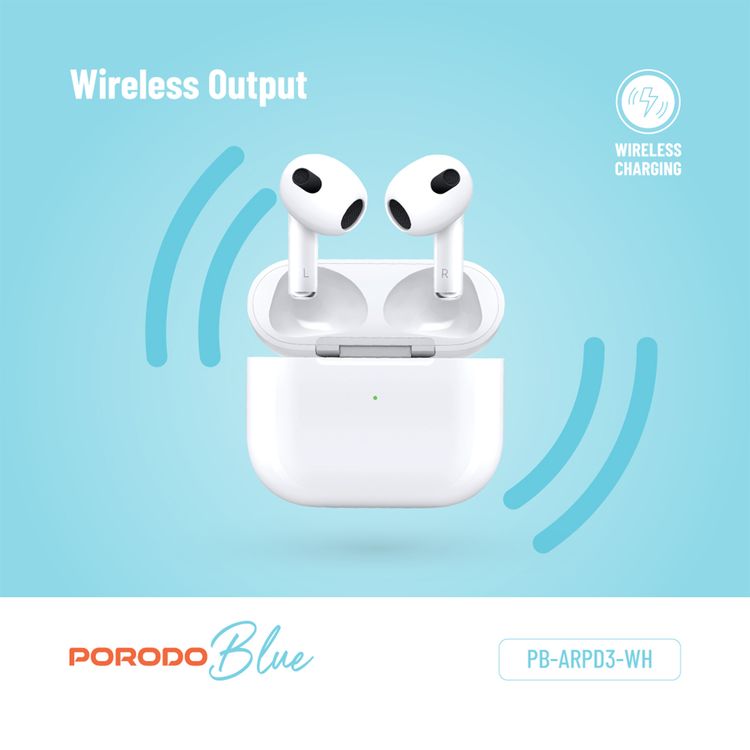 Porodo Blue Deep Bass Wireless Earbuds 3, 20 Hours Working Time, Type-C Charging Port, Environmental Noise Cancellation, Independent Earbuds, Touch Control - White