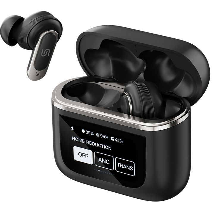 Porodo Soundtec Guide Earbuds with ANC & TWS, Touch Screen, 6 Hours of Playtime, 40 Minutes Earbuds Charging Time, Waterproof, Type-C Charging Case - Black