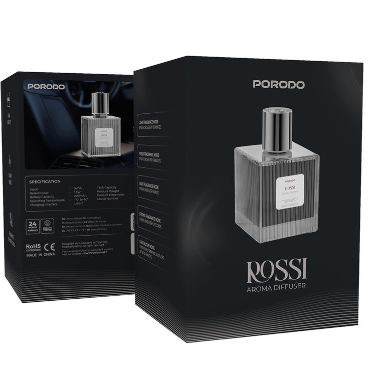 Porodo Rossi Aroma Diffuser with 500mL Tank Capacity, 5 Spray Modes, Fragrance Intensity Levels, Strong Fragrance Mode, USB-C Charging Interface, -10°C to -60°C Operating Temperature, 1.5 W Rated Power, Continuous Mode, Light Fragrance Mode - Black