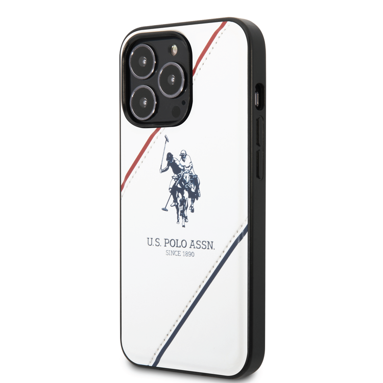 USPA PU Leather Case with Embossed Double Line & Horse Logo iPhone 14 Pro Compatibility - White