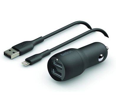 Belkin Car Charger Dual USB CCD001bt1MBK with Lightning Cable-Black