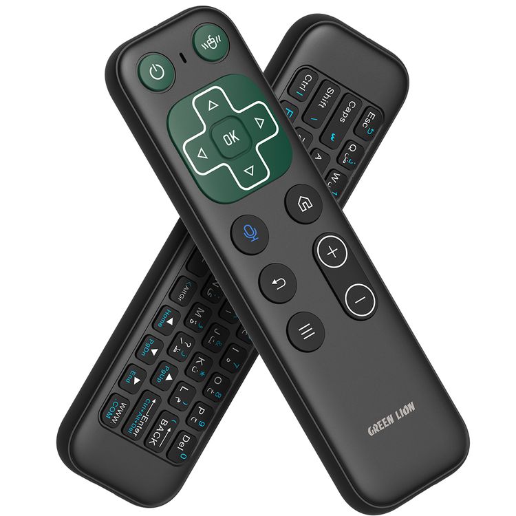 الأسد الأخضر جهاز تحكم عن بعد لاسلكي مع لوحة مفاتيح وفأرة، اتصال 2.4G + Bluetooth، دقة 1200 DPI، منفذ شحن USB-C، سعة بطارية 300 مللي أمبير، مساعد صوتي، لوحة مفاتيح صغيرة، فأرة هوائية – باللون الأسود