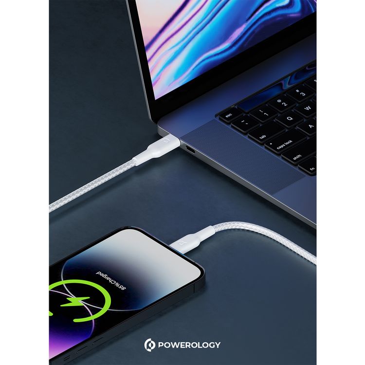 كابل شحن باورولوجي مضفر من USB-C إلى Lightning مع الشحن السريع ونقل البيانات، بقدرة توصيل طاقة 60 واط، وتوافق عالمي، بطول كابل 1.2 متر - أبيض