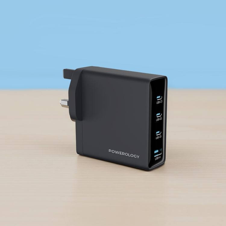 Powerology Volt-X 200W Multi-Port GaN Adapter with Heat Resistant Housing, Ultra-Fast Charging, Multi-Device Charging, QC 30W, 3 × USB-C Ports & 1 × USB-A Port, UK 3-Pin Plug - Black
