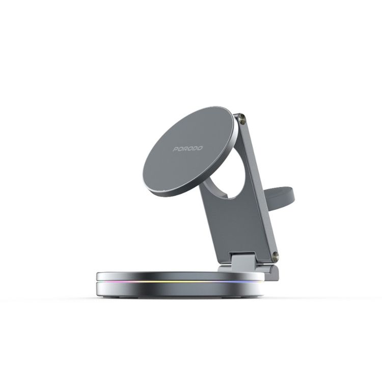 Porodo Rotating Base Three-Device Wireless Charger with 15W Wireless Output, Folding Design, Fast Charging, Type-C Input Interface, Lightweight & Portable - Gray