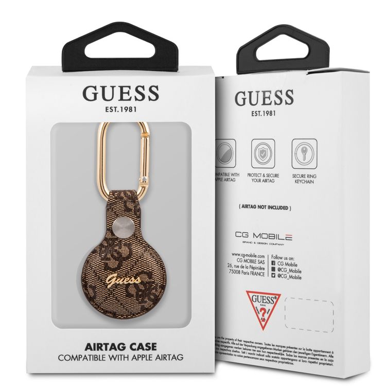 CG MOBILE Guess 4G PU Script Logo Case with Dog Clip for Airtag, Anti-Lost Holder with Keychain, Easy to Attach Keys, Backpacks, Liner Bags Officially Licensed Brown