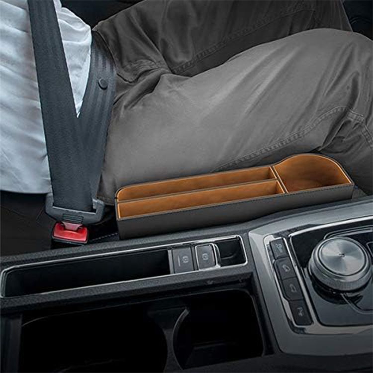 Baseus Elegant Car Storage Box with 3 Compartments, Built-in Cup Holder, Dedicated Slot for Cables, Faux Leather with Flannel Lining, Polished Finish - Black / Brown 