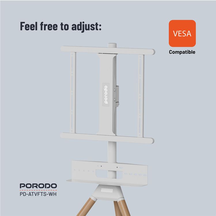 Porodo Wooden Tripod TV Stand with 35kgs Maximum Weight Capacity, 32"-65" Screen Compatibility, Media Device Storage, VESA Compatibility - White