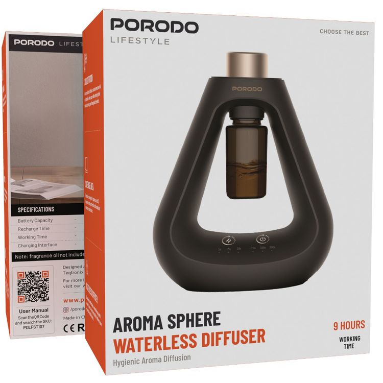 Porodo Lifestyle Aroma Sphere Waterless Diffuser, 10-50 m2 Coverage, 1200mAh Battery,  Up to 7 Days Working Time, Cold Diffusion, 3 Mist Modes - Black