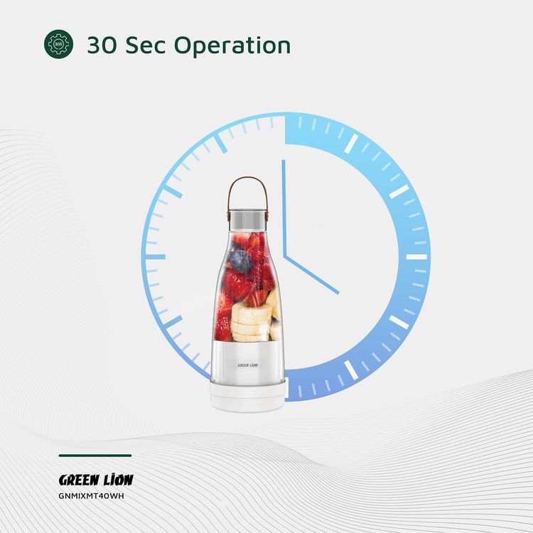 Green Lion Mix Mate Portable Juicer with 300mL Capacity, 1500mAh Battery Capacity, BPA Free PET Jar Material, Stainless Steel Blade Material, Type-C Charging Port, 3-4 Hours Charging Time - White