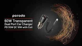 Porodo Transparent 110W Car Charger in UAE | Integrated Cable - Black Color | (PD-110CXC-BK)