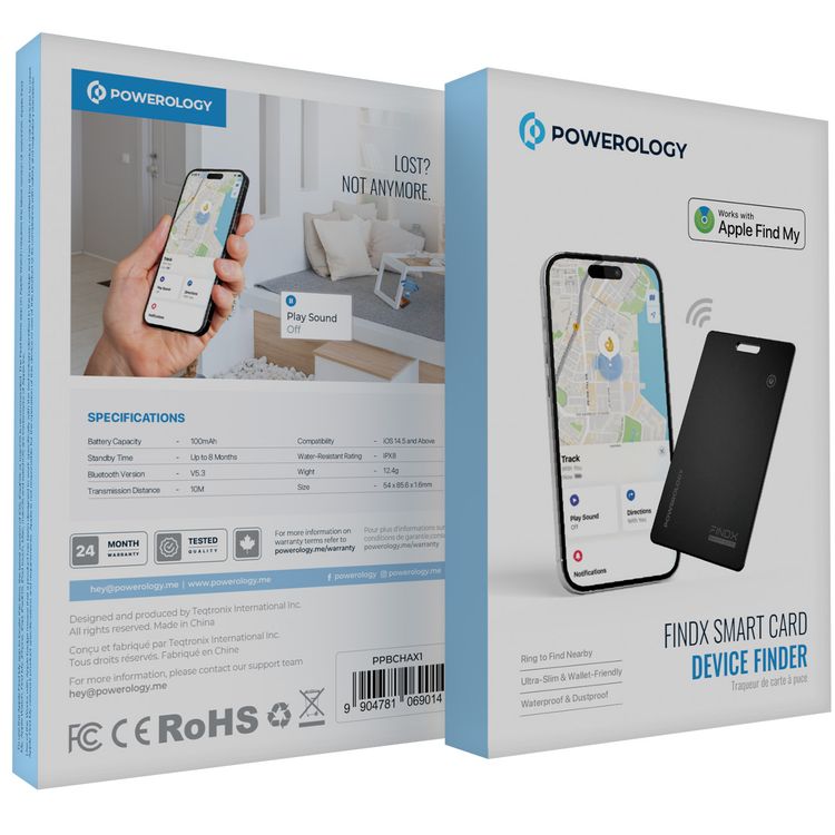 Powerology FindX Smart Card Device Finder with 100mAh Battery Capacity, Up to 8 Months Standby Time, 10m Transmission Distance, Waterproof & Dustproof, Ultra-Slim & Wallet-Friendly, Ring to Find Nearly, iOS 14.5 and Above Compatibility - Black