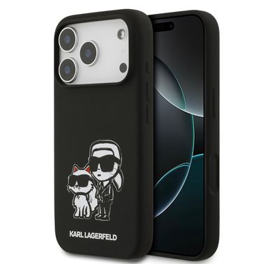 Karl Lagerfeld Liquid Silicone Case with Karl & Choupette Sketch for iPhone 17 Pro Max, Drop Protection, Slim Profile, Easy Snap-On, Sustainable Packaging, Comfortable Grip, Lightweight Design - Black