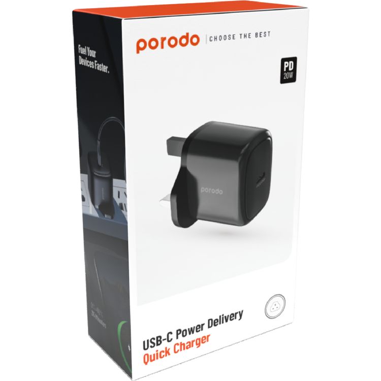Porodo 20W Single USB C Portable Wall Charger UK - Black