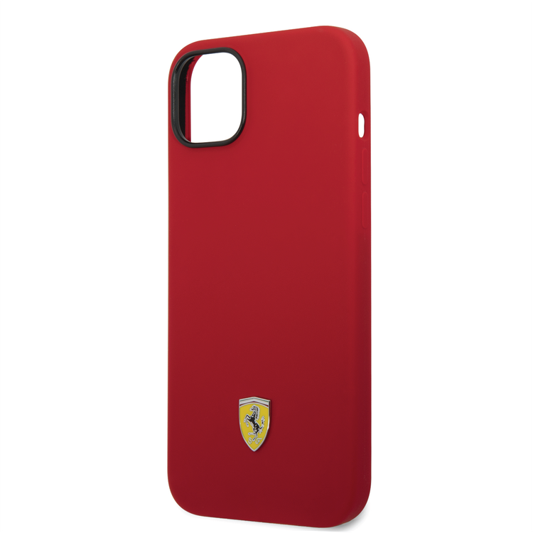 Ferrari Liquid Silicone Case with Black Camera Outline & Metal Logo iPhone 14 Plus Compatibility - Red