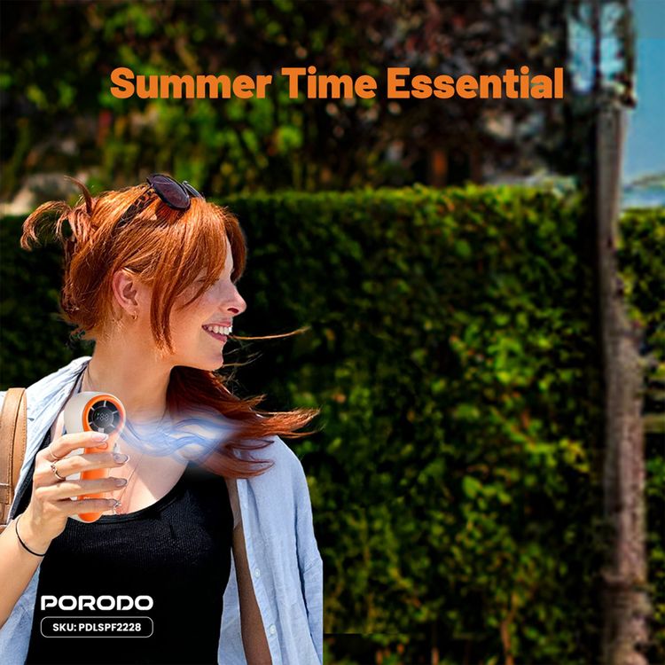 Porodo Lifestyle Pocket Size Handheld Fan with 19100RPM Motor Speed, 5 Speed Levels, 5W Rated Power, Up to 8.8m/s Air Thrust Speed, 2000mAh Battery Capacity, Up to 7 Hours Working Time, Type-C Charging Port, Strong Airflow, Lightweight & Portable - Beige / Orange