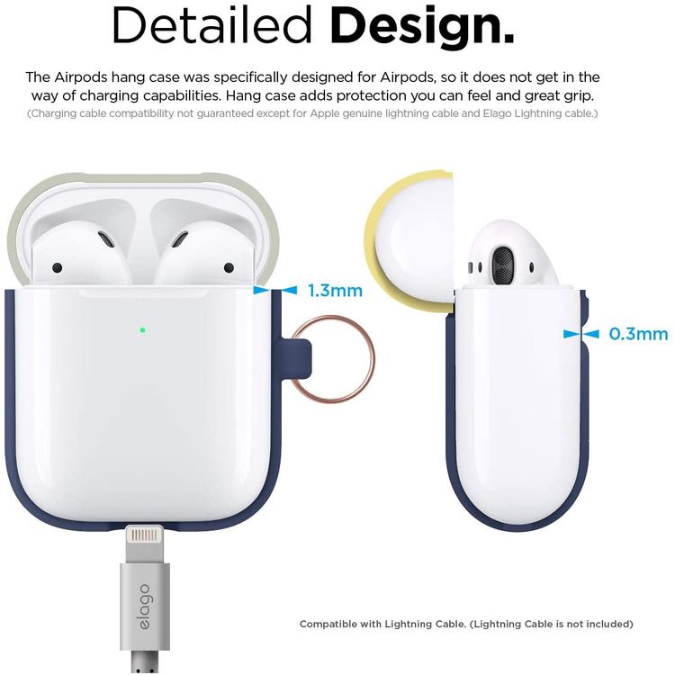 Elago Duo Hang Silicone Case with Apple AirPods Case 1 & 2 Generation, Dustproof and Absorbing Protective Cover with Hang Case Body -Jean Indigo/Top-Classic White, Yellow