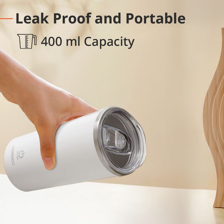 Porodo Lifestyle Auto-Stirring Insulated Mug with 400mL Capacity, Anti-Slip Base, 300mAh Battery Capacity, 120-Seconds Mixing Time with Auto-Stop - White