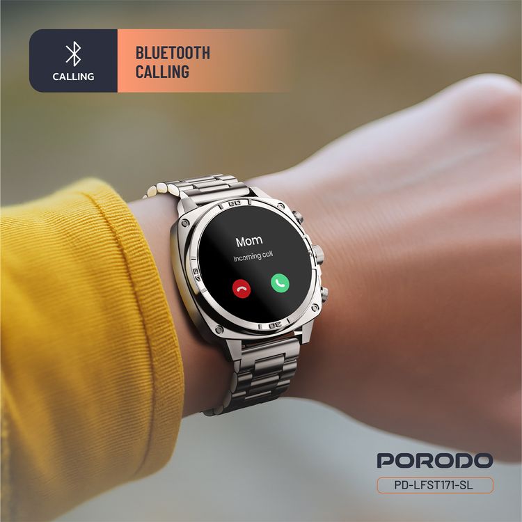 Porodo Chrono Steel Smartwatch with 1.43-inch AMOLED Display, 466 x 466 pixels Resolution, Up to 5 Days Working Time, 400mAh Battery Capacity, 128MB Flash Memory, Bluetooth Version 5.2, IP68 Water Resistance Level - Silver
