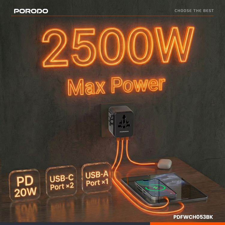 Porodo Universal Travel GaN Quick Charger, 2 USB-C & 1 USB-A Ports, UK/ EU/ US & AU Plug Supported, Universal Compatibility, Simultaneous Charging - Black