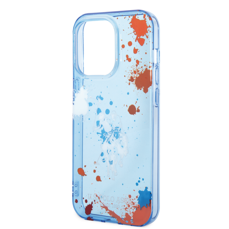 USPA PC/TPU Case with Splatter Pattern & Horse Logo iPhone 14 Pro Compatibility - Blue