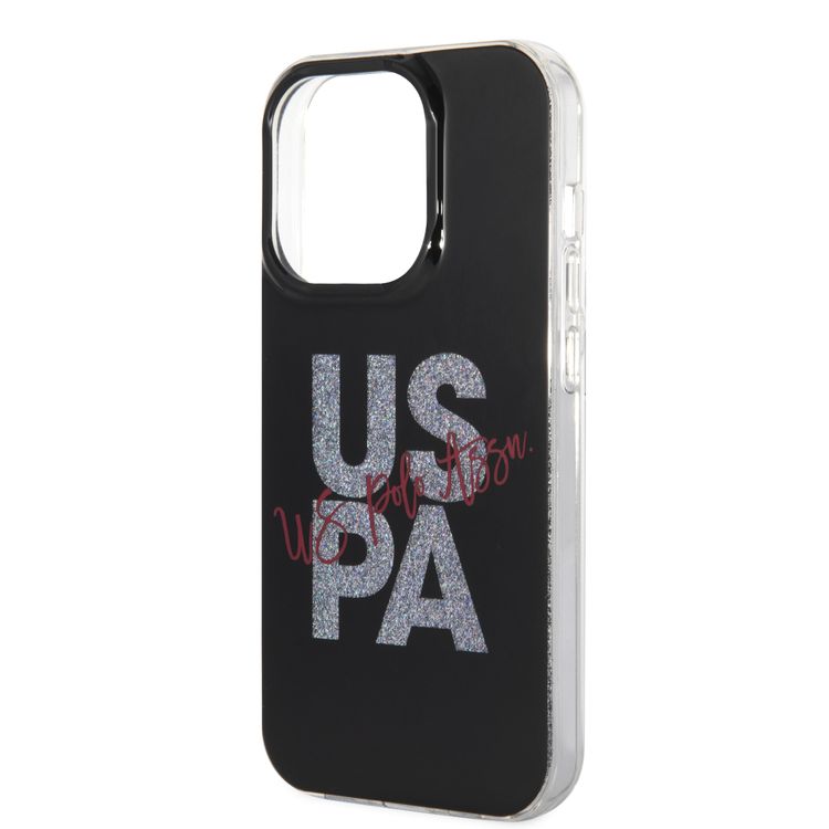 U.S.Polo Assn. IML Glitter Script Card Case for iPhone 15 Pro - Black - أسود