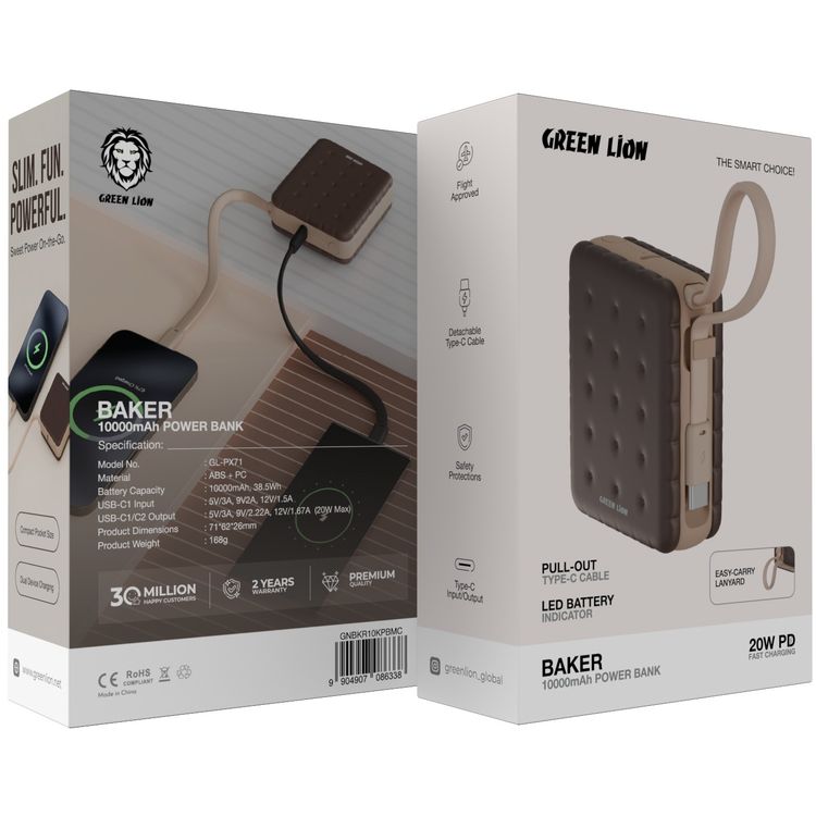 Green Lion Baker 10000mAh Power Bank with PD 20W, Compact Pocket Size, Dual Device Charging, Detachable Type-C Cable, Flight Approved, Easy-Carry Lanyard, LED Battery Indicator - Mocha