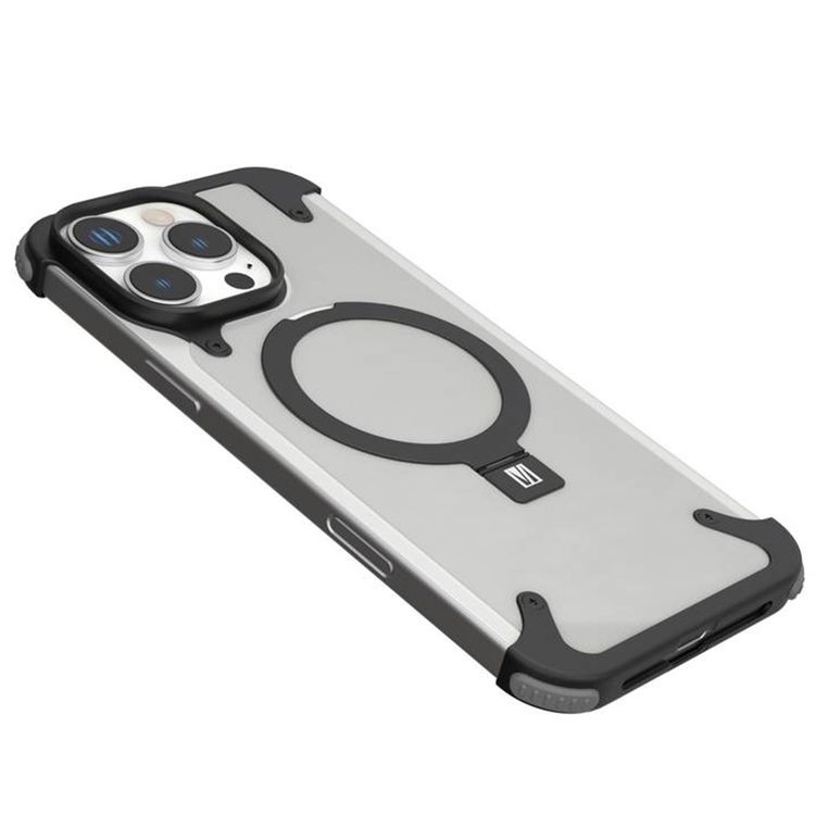 Levelo Metallo Aluminum Bumper Case for iPhone 16 Pro Max, MagSafe Compatible, Metal Kickstand, Impact Resistant Corners - Black 