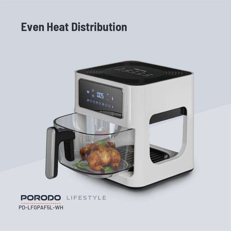 Porodo Lifestyle Glass Pot Air Fryer with a Touch Panel,1000W Rated Power, 5 Liter Capacity, 80-200°C Temperature Control - White