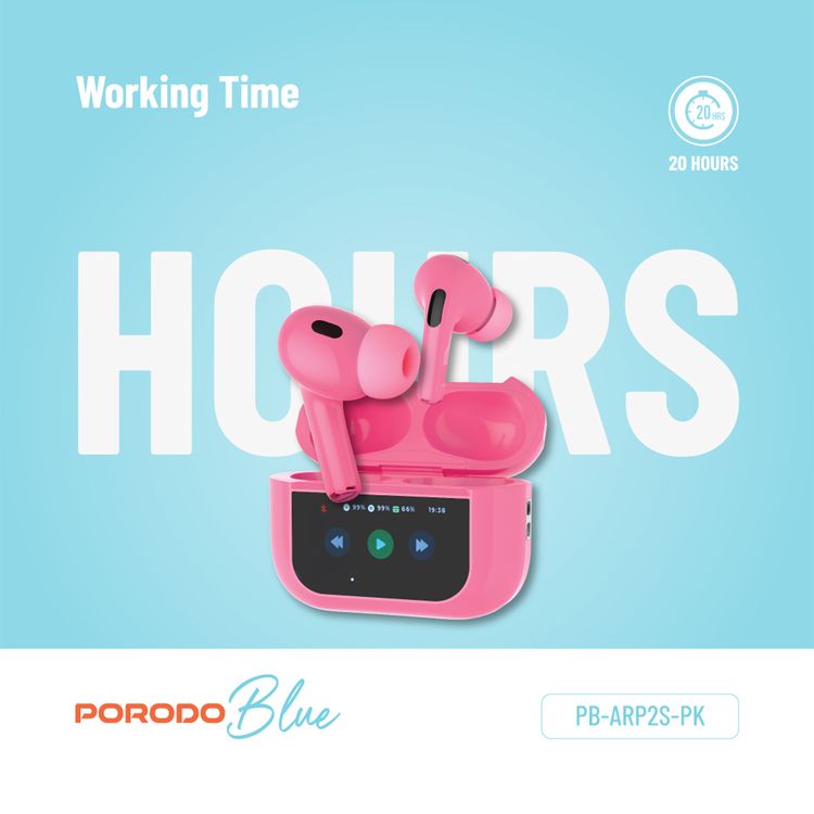 Porodo Blue AirPods Pro2 with Screen, Deep Bass, Touch Control, Camera Shutter, Music Playback, Call Management, 20 Hours Working Time, 1.47 inches Screen size - Pink