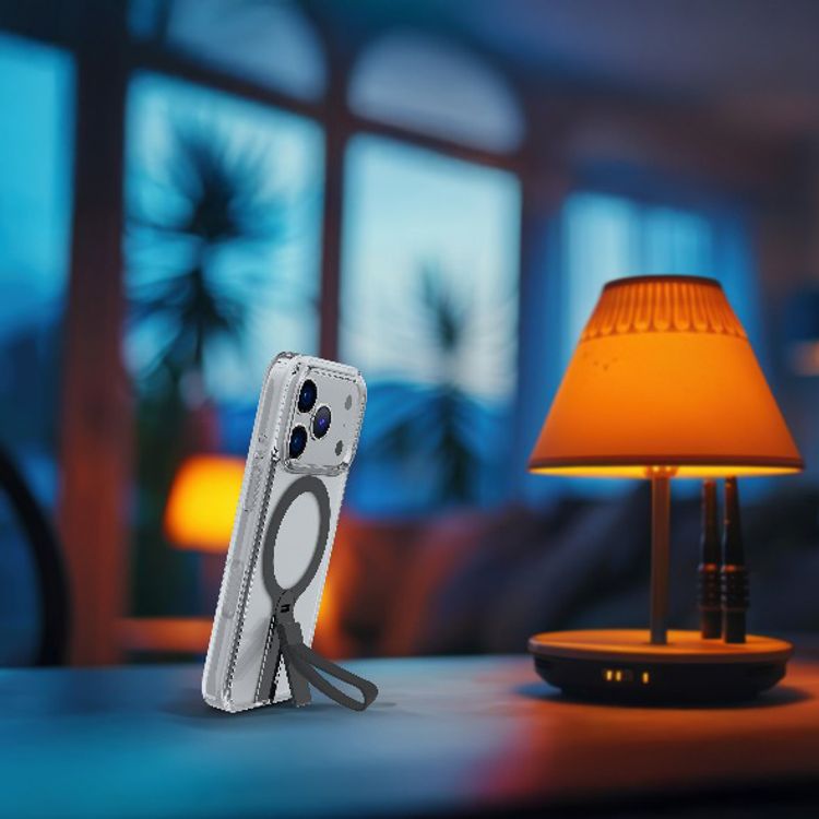 Levelo Spira MagSafe Clear Grip Case for iPhone 17 Pro Max, Strong Magnets, Horizontal & Vertical Viewing, Shock-Resistant Bumper, Anti-Scratch, 360° Rotating Metal Kickstand - Phantom Black