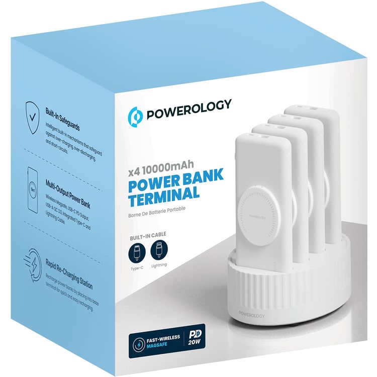 Powerology 4-in-1 Power Station with 10000mAh Battery Capacity, Built-In Cable, Rapid Re-Charging Station, 20W Power Delivery, 15W Wireless Output, Built-in Safeguards - White